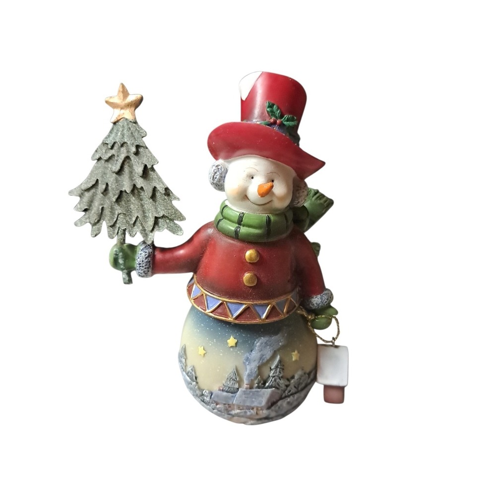 Snowman Figurine 5" With Village Scene and Christmas Tree & Dangle Birdhouse